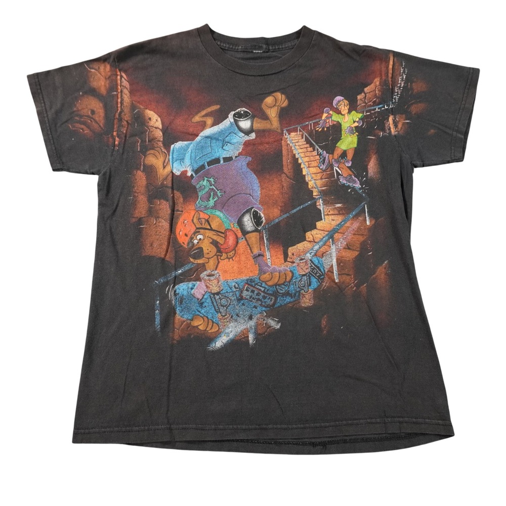 Vintage Scooby-Doo AOP T-Shirt Mens Medium Black Skateboarding Shaggy Y2K Tee